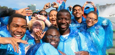 Taking in the views on the Maid of the Mist in Niagara Falls, Ontario.